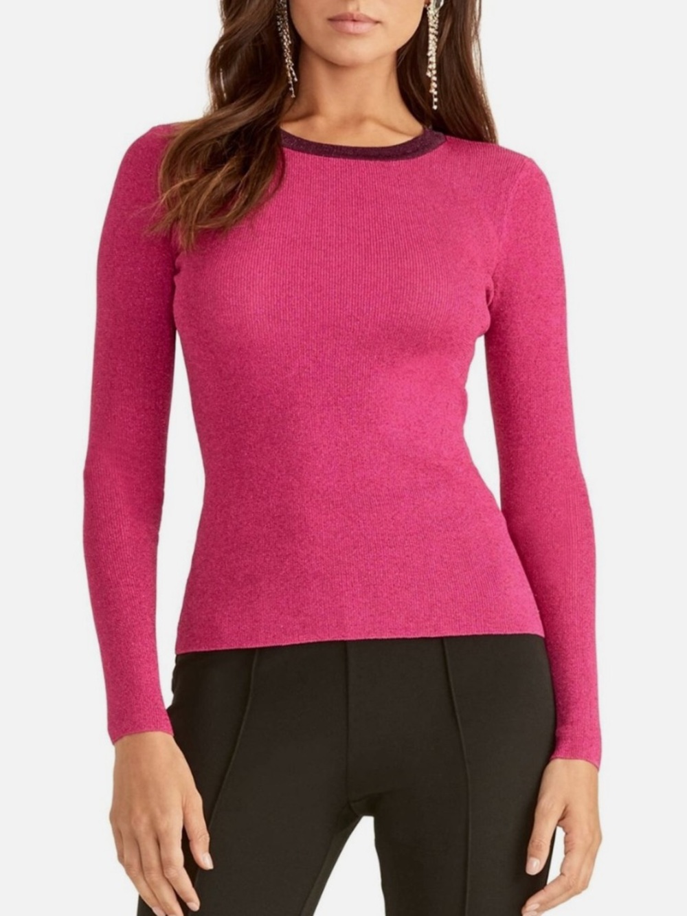 NWT Rachel Zoe Pink Metallic Crewneck Sweater with Black Trim Size XXL